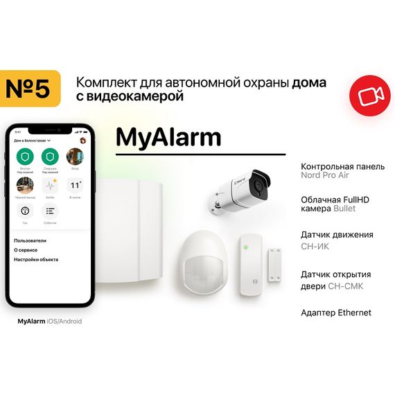 MyAlarm Комплект №5 для дома с камерой (Bullet)MyAlarm Комплект №5 для дома с камерой (Bullet)[image_num]